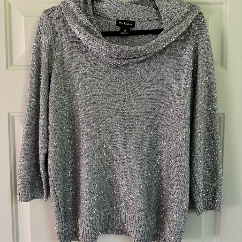Nue Options Silver Sequin Cowl Neck Sweater